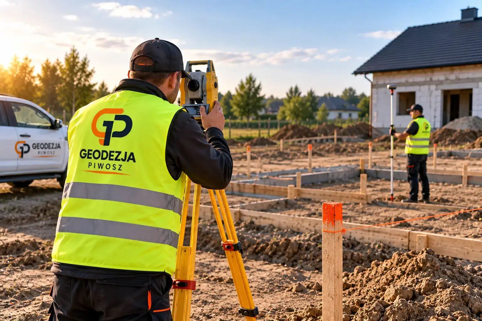 Geodeta w kamizelce z logiem firmy Geodezja Piwosz podczas pomiarów nowoczesnym tachimetrem na działce