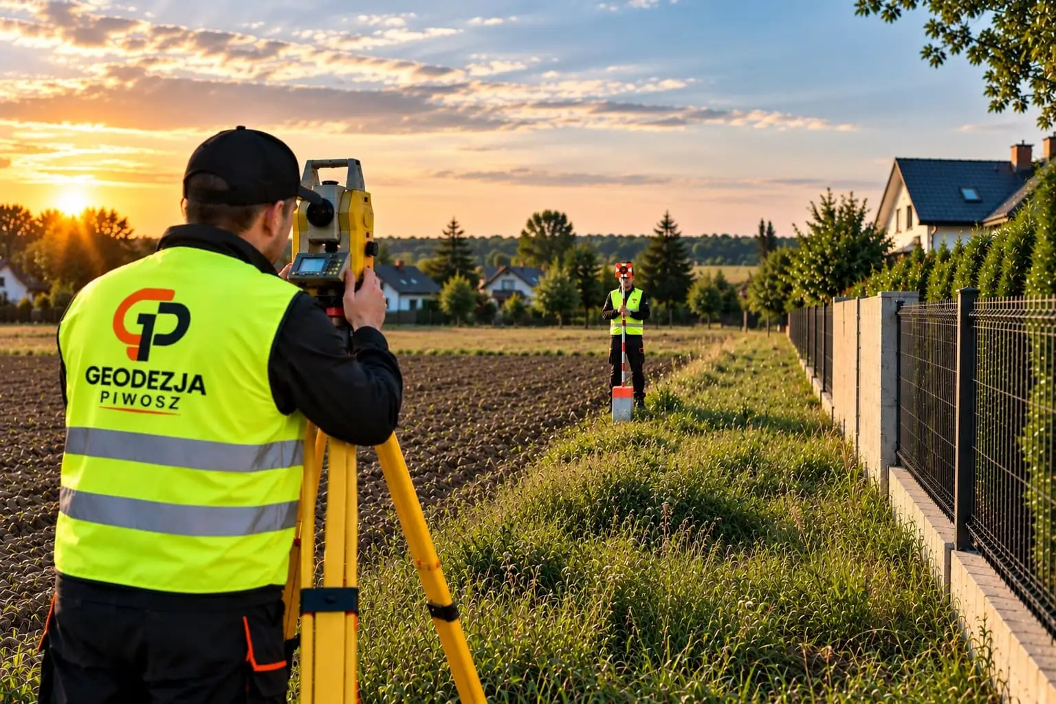 Geodeta firmy Geodezja Piwosz z Grodziska Wielkopolskiego wykonuje pomiar gruntów tachimetrem