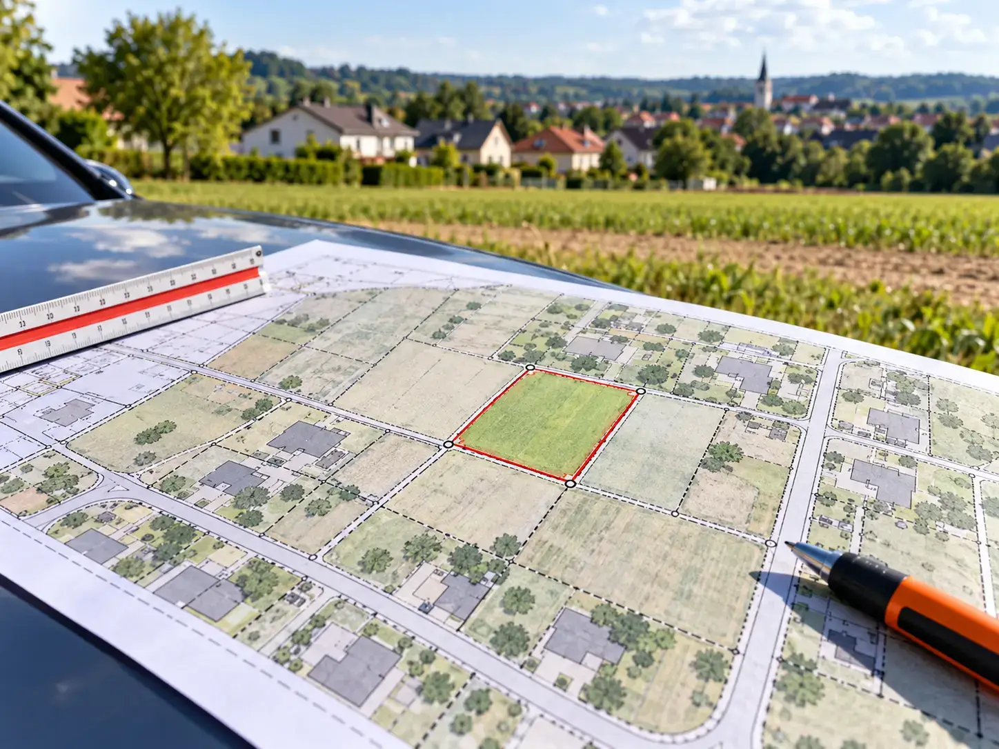 Mapa geodezyjna z wytyczonym miejscem do pracy geodety z miejscowości Grodzisk Wielkopolski
